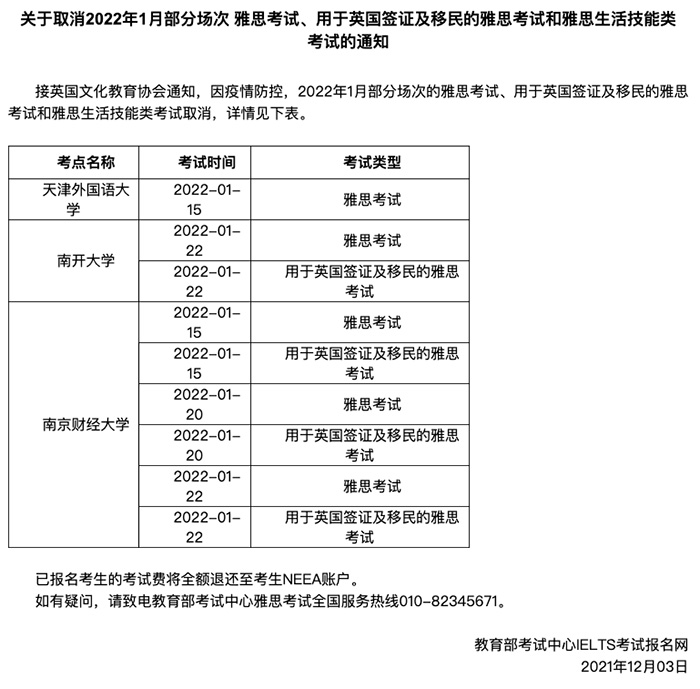 2022年1~3月份部分雅思考试取消！或将禁止跨省考试！