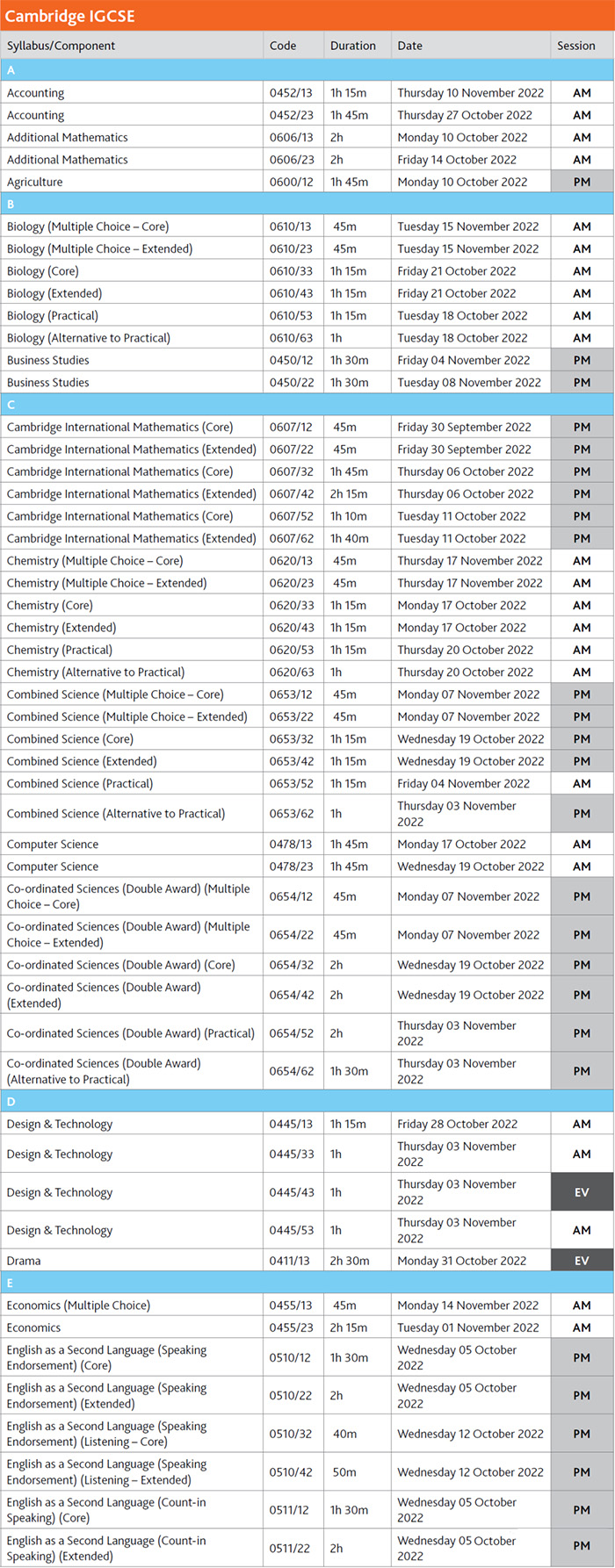 2022年11月份IGCSE各科目考试时间表