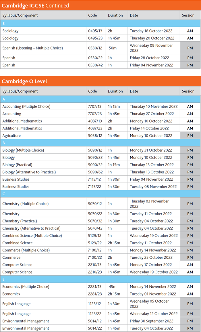 2022年11月份IGCSE各科目考试时间表