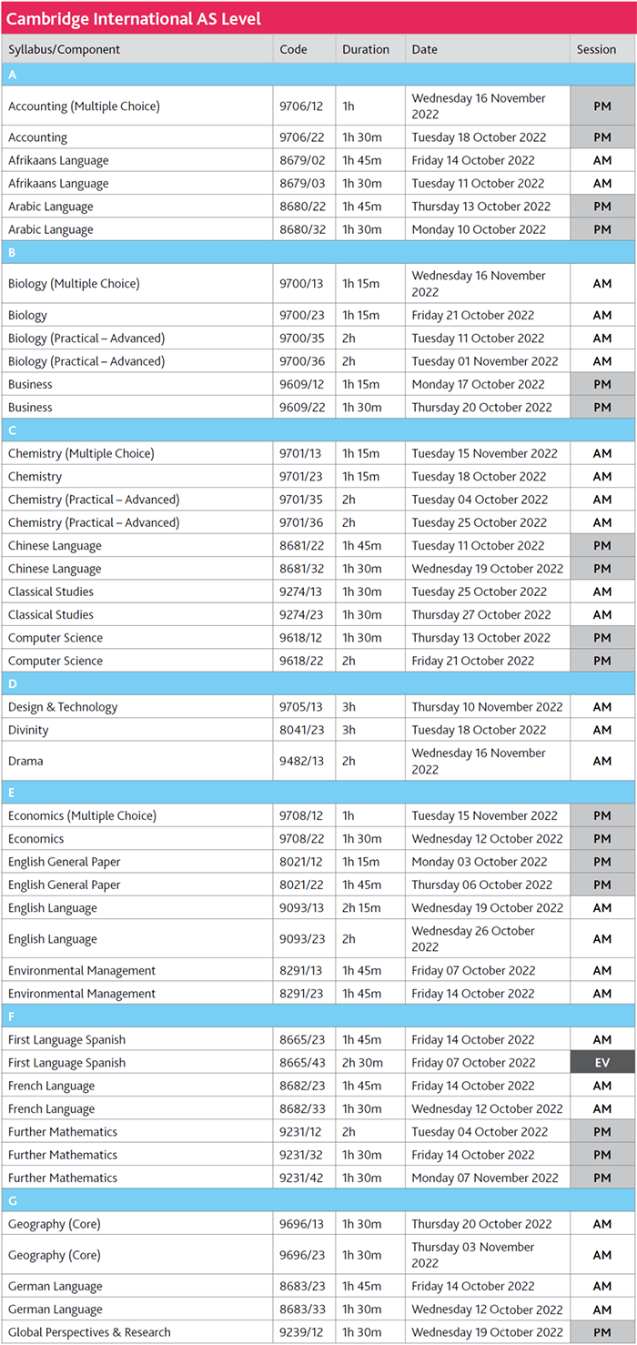 2022年11月份国际版AS Level各科目考试时间
