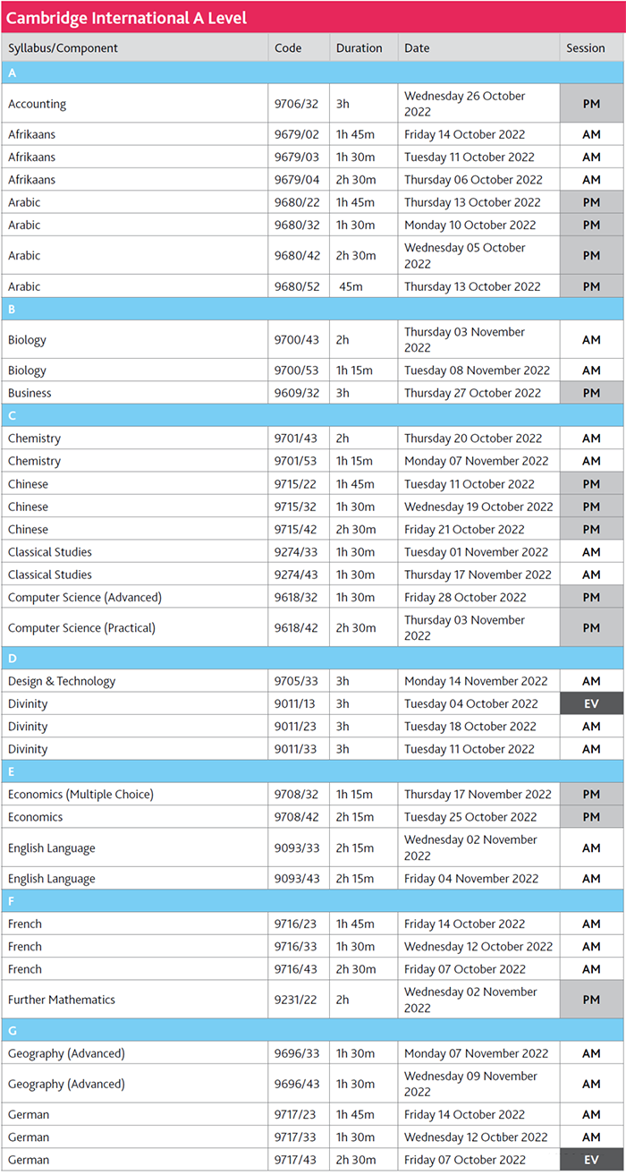 2022年11月国际版A Level各科目考试时间