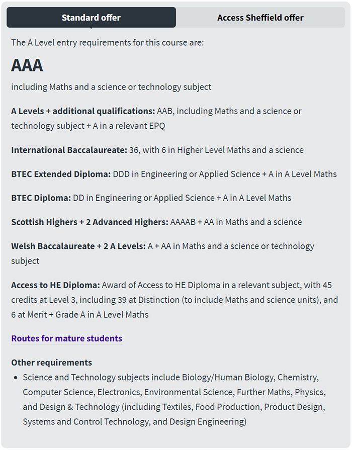 英国谢菲尔德大学2024-2025年A Level入学要求
