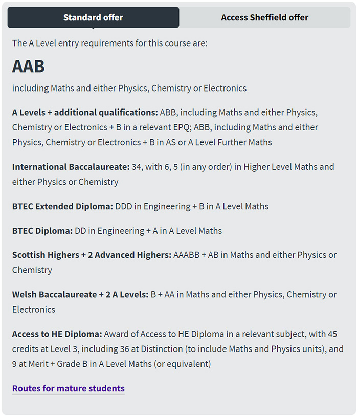 英国谢菲尔德大学2024-2025年A Level入学要求