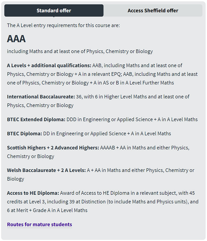 英国谢菲尔德大学2024-2025年A Level入学要求