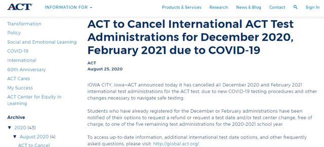 2020年ACT国际场考试时间全部取消