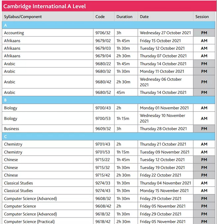 2021年CAIE局秋季IGCSE、A-Level报名及考试时间