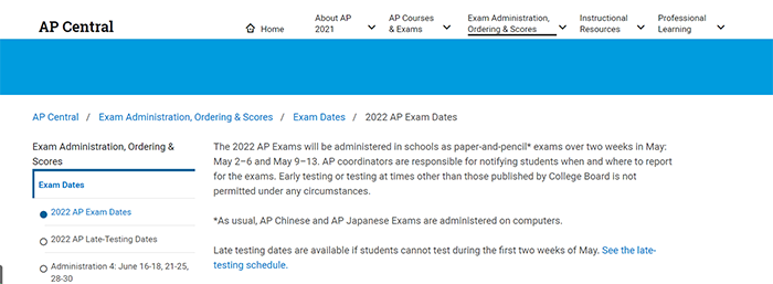 2022年AP考试时间表(最新版)