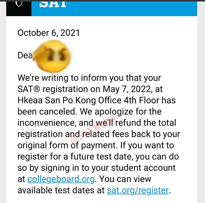 2022年3月/5月SAT考试香港考点考位取消